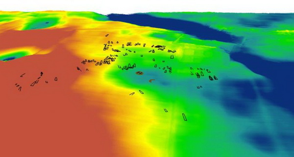 Model terenu 3D , interpretacja układu  przestrzennego osady w Kaczkowie z widocznymi fundamentami domostw trapezowatych i konstrukcjami rondelii. il. J. Czerniec