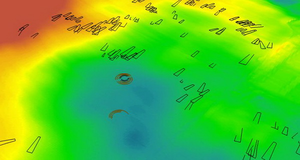Model terenu 3D , interpretacja układu  przestrzennego osady w Kaczkowie z widocznymi fundamentami domostw trapezowatych i konstrukcjami rondelii. il. J. Czerniec