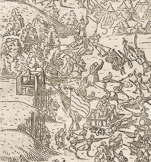 Najstarsza ikonografia konstrukcji szubienicznej z czterema słupami (po lewej), fragment ryciny z 1577 r. ilustrującej walki wojsk Stefana Batorego z Gdańskiem