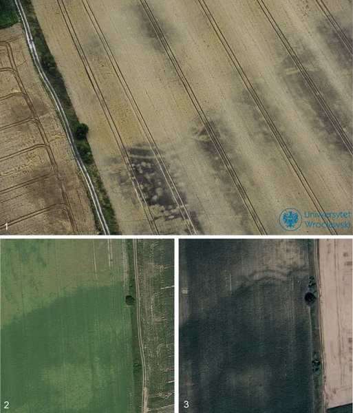 3. Rondel w Zabardowicach (pow. oławski) z zdjęciu lotniczym (1; foto Piotr Wroniecki) i zobrazowaniach satelitarnych (2,3; GoogleEarth)