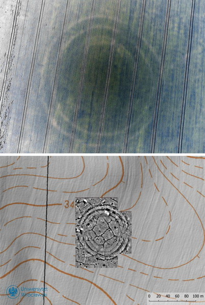 5. Jeden z rondeli w Sieroszowie (pow. ząbkowicki) na zdjęciu lotniczym i po pierwszych badaniach geofizycznych (foto i wyk. Mirosław Furmanek)